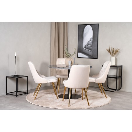Estelle runt Matbord - Svart / Svart marmor - ø106*H75+Velvet Deluxe söögitool - Harjatud messingist jalg / Beež Velvet