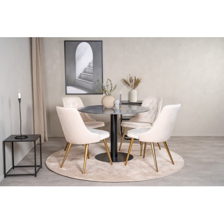 Estelle runt Matbord - Svart / Svart marmor - ø106*H75+Velvet Deluxe söögitool - Harjatud messingist jalg / Beež Velvet