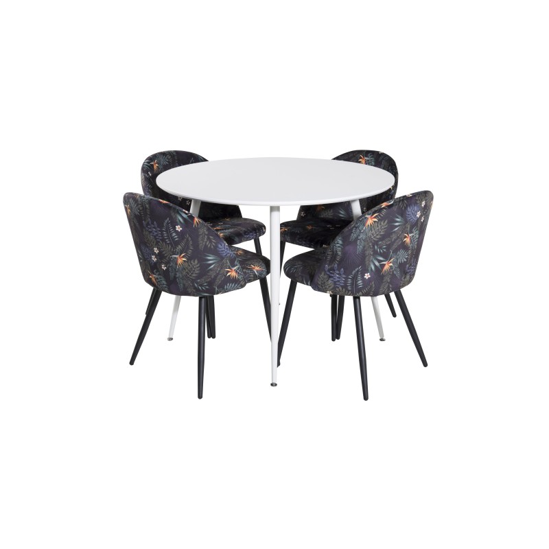 Plaza ümarlaud 100 cm - valge ülaosa / valged jalad+sametist söögitool - must lillekangas