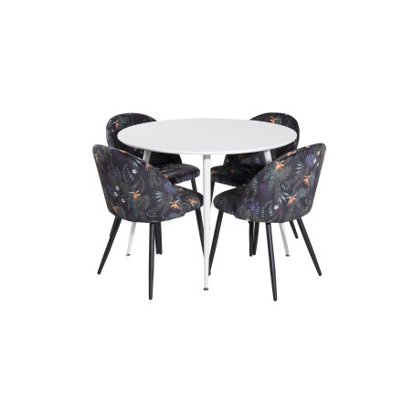 Plaza ümarlaud 100 cm - valge ülaosa / valged jalad+sametist söögitool - must lillekangas
