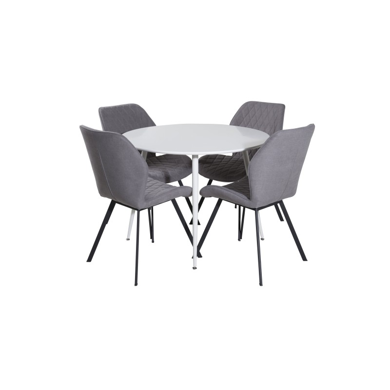 Plaza ümarlaud 100 cm - valge plaat / valged jalad + Gemma söögitool - mustad jalad - hall kangas