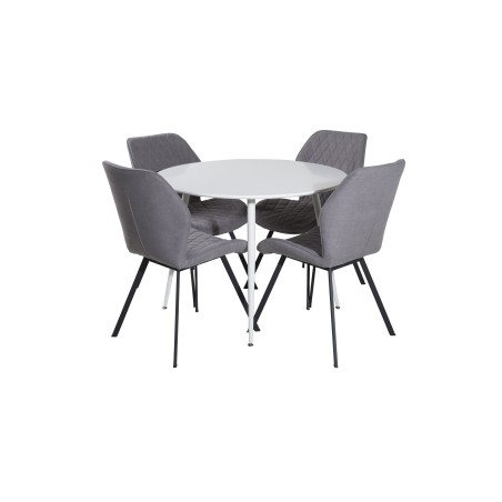 Plaza ümarlaud 100 cm - valge plaat / valged jalad + Gemma söögitool - mustad jalad - hall kangas