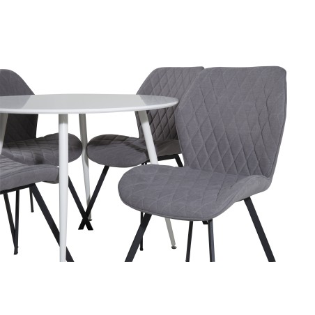 Plaza ümarlaud 100 cm - valge plaat / valged jalad + Gemma söögitool - mustad jalad - hall kangas