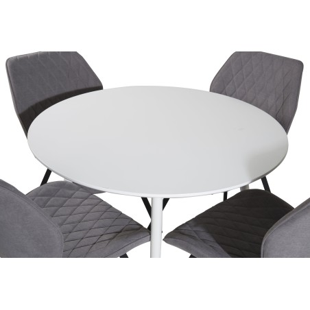 Plaza ümarlaud 100 cm - valge plaat / valged jalad + Gemma söögitool - mustad jalad - hall kangas