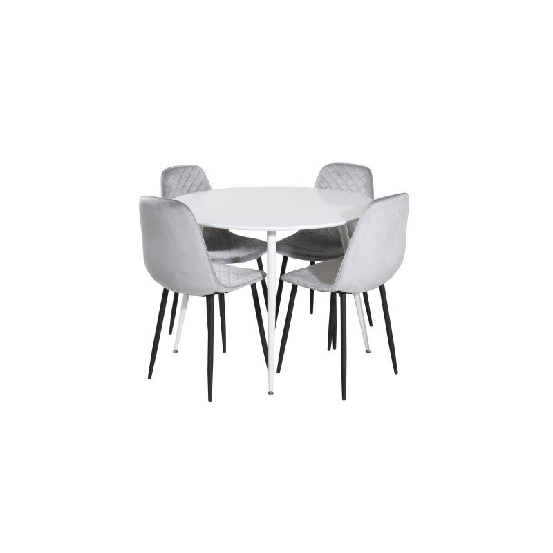 Plaza ümarlaud 100 cm - valge plaat / valged jalad + söögitool Polar Diamond - mustad jalad - hall Velvet