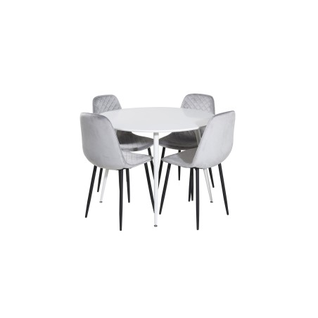 Plaza ümarlaud 100 cm - valge plaat / valged jalad + söögitool Polar Diamond - mustad jalad - hall Velvet