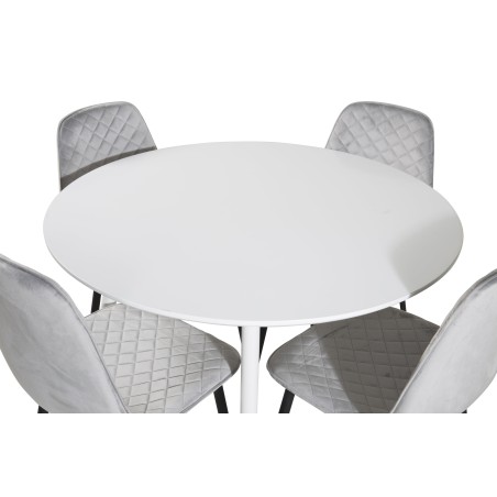 Plaza ümarlaud 100 cm - valge plaat / valged jalad + söögitool Polar Diamond - mustad jalad - hall Velvet