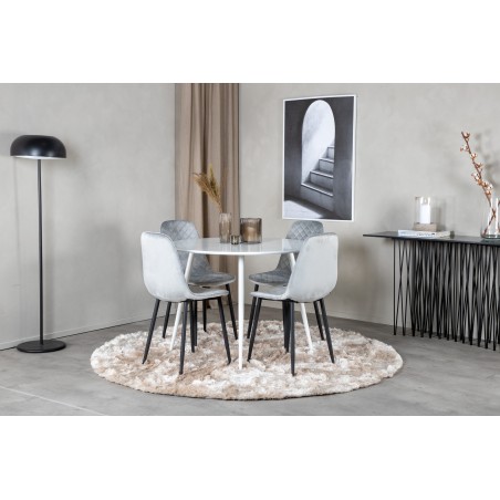 Plaza ümarlaud 100 cm - valge plaat / valged jalad + söögitool Polar Diamond - mustad jalad - hall Velvet