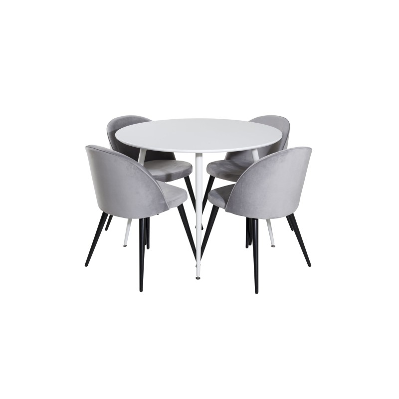 Plaza ümarlaud 100 cm - valge pealis / valged jalad+sametist söögitool - helehall / must