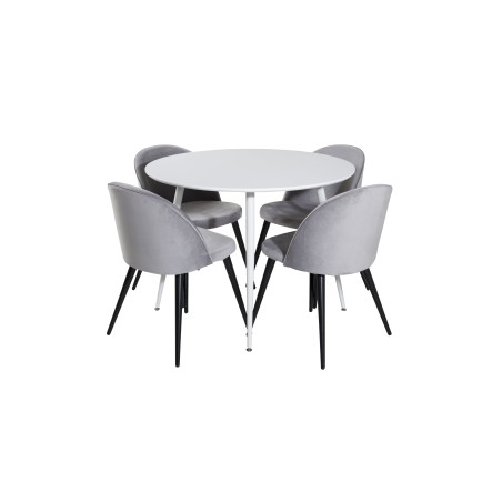 Plaza ümarlaud 100 cm - valge pealis / valged jalad+sametist söögitool - helehall / must