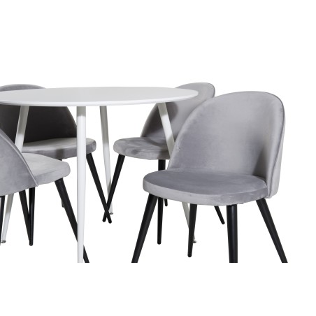 Plaza ümarlaud 100 cm - valge pealis / valged jalad+sametist söögitool - helehall / must
