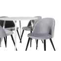 Plaza ümarlaud 100 cm - valge pealis / valged jalad+sametist söögitool - helehall / must