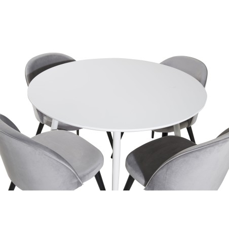 Plaza ümarlaud 100 cm - valge pealis / valged jalad+sametist söögitool - helehall / must