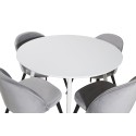 Plaza ümarlaud 100 cm - valge pealis / valged jalad+sametist söögitool - helehall / must