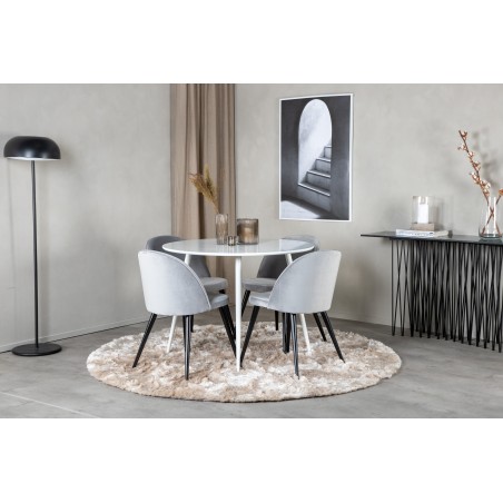 Plaza ümarlaud 100 cm - valge pealis / valged jalad+sametist söögitool - helehall / must