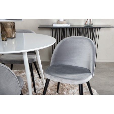 Plaza ümarlaud 100 cm - valge pealis / valged jalad+sametist söögitool - helehall / must