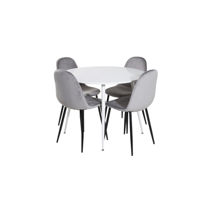 Plaza ümarlaud 100 cm - valge plaat / valged jalad + söögitool Polar - mustad jalad / helehall samet