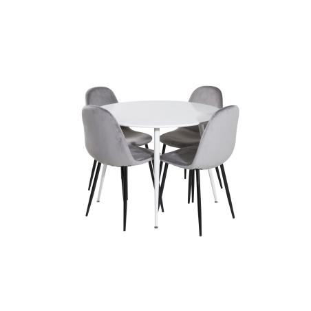 Plaza ümarlaud 100 cm - valge plaat / valged jalad + söögitool Polar - mustad jalad / helehall samet