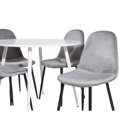 Plaza ümarlaud 100 cm - valge plaat / valged jalad + söögitool Polar - mustad jalad / helehall samet