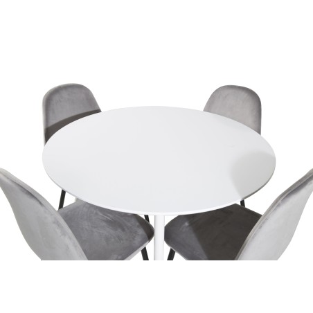 Plaza ümarlaud 100 cm - valge plaat / valged jalad + söögitool Polar - mustad jalad / helehall samet