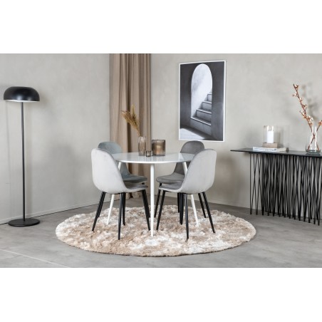 Plaza ümarlaud 100 cm - valge plaat / valged jalad + söögitool Polar - mustad jalad / helehall samet