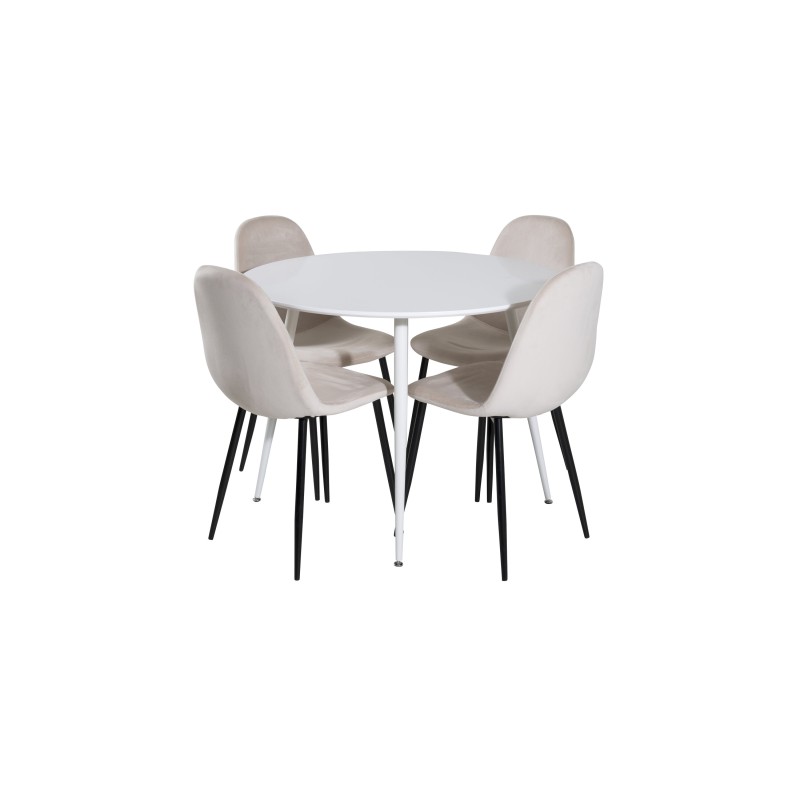 Plaza ümarlaud 100 cm - valge plaat / valged jalad + söögitool Polar - mustad jalad / beež Velvet