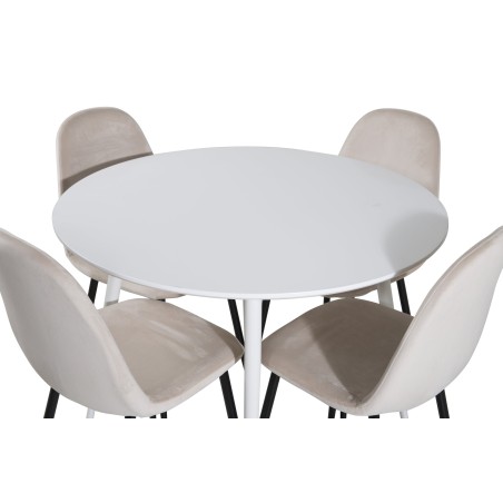 Plaza ümarlaud 100 cm - valge plaat / valged jalad + söögitool Polar - mustad jalad / beež Velvet
