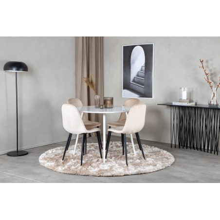 Plaza ümarlaud 100 cm - valge plaat / valged jalad + söögitool Polar - mustad jalad / beež Velvet