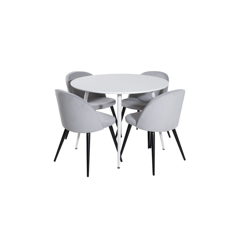 Plaza ümarlaud 100 cm - valge ülaosa / valged jalad + sametne söögitool, velvetist - helehall / must