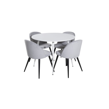 Plaza ümarlaud 100 cm - valge ülaosa / valged jalad + sametne söögitool, velvetist - helehall / must