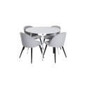 Plaza ümarlaud 100 cm - valge ülaosa / valged jalad + sametne söögitool, velvetist - helehall / must