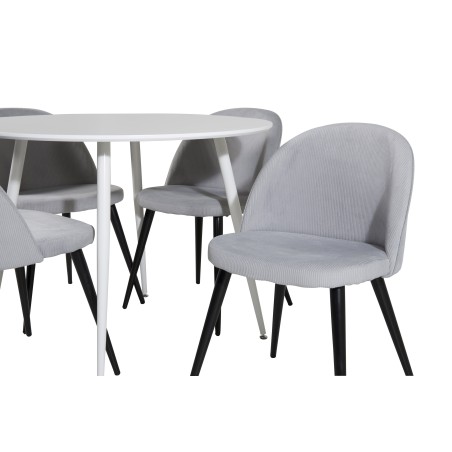 Plaza ümarlaud 100 cm - valge ülaosa / valged jalad + sametne söögitool, velvetist - helehall / must