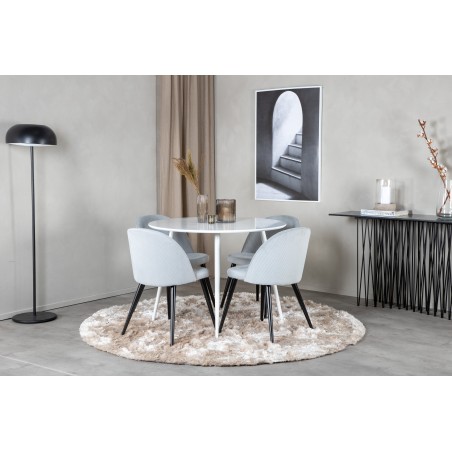Plaza ümarlaud 100 cm - valge ülaosa / valged jalad + sametne söögitool, velvetist - helehall / must