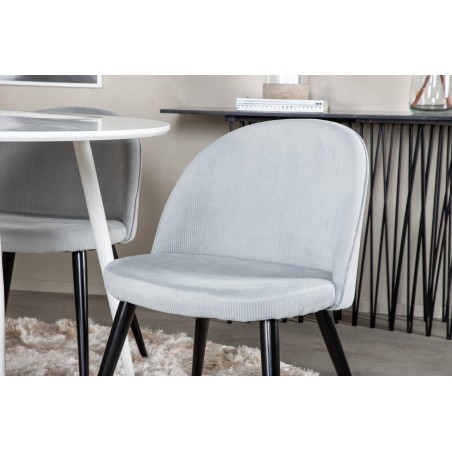 Plaza ümarlaud 100 cm - valge ülaosa / valged jalad + sametne söögitool, velvetist - helehall / must