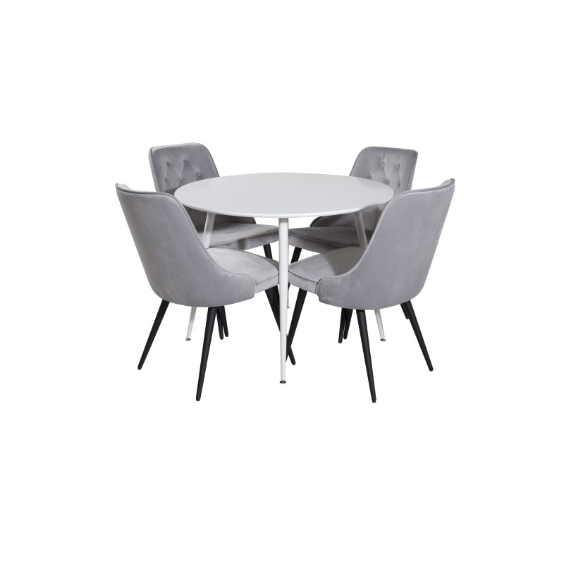 Plaza ümarlaud 100 cm - valge pealis / valged jalad+velvet Deluxe söögitool - helehall / must