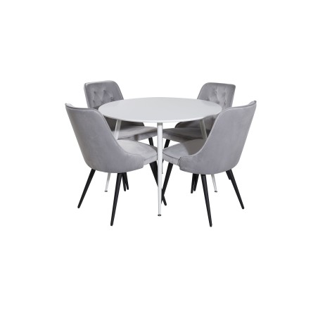 Plaza ümarlaud 100 cm - valge pealis / valged jalad+velvet Deluxe söögitool - helehall / must