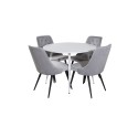 Plaza ümarlaud 100 cm - valge pealis / valged jalad+velvet Deluxe söögitool - helehall / must