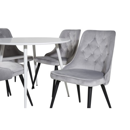 Plaza ümarlaud 100 cm - valge pealis / valged jalad+velvet Deluxe söögitool - helehall / must