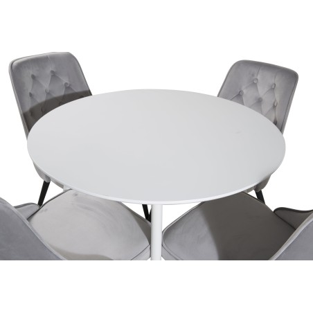 Plaza ümarlaud 100 cm - valge pealis / valged jalad+velvet Deluxe söögitool - helehall / must