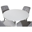 Plaza ümarlaud 100 cm - valge pealis / valged jalad+velvet Deluxe söögitool - helehall / must