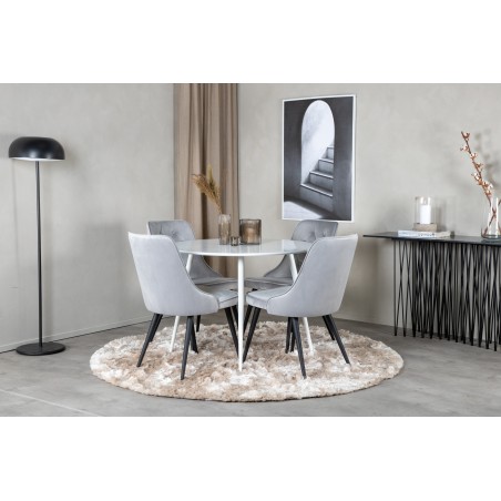 Plaza ümarlaud 100 cm - valge pealis / valged jalad+velvet Deluxe söögitool - helehall / must