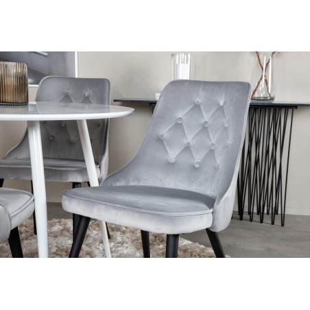 Plaza ümarlaud 100 cm - valge pealis / valged jalad+velvet Deluxe söögitool - helehall / must