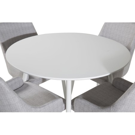Plaza ümarlaud 100 cm - valge pealis / valged jalad+Plaza söögitool - valged jalad - helehall kangas