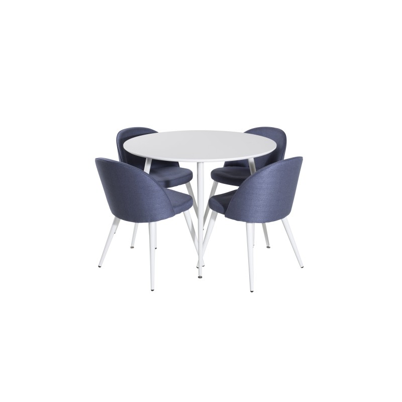 Plaza ümarlaud 100 cm - valge pealispind / valged jalad + sametne söögitupp - valged jalad - sinine kangas