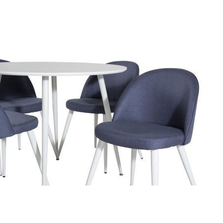 Plaza ümarlaud 100 cm - valge pealispind / valged jalad + sametne söögitupp - valged jalad - sinine kangas