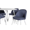 Plaza ümarlaud 100 cm - valge pealispind / valged jalad + sametne söögitupp - valged jalad - sinine kangas