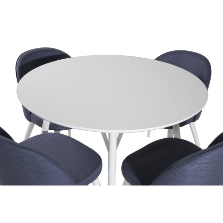 Plaza ümarlaud 100 cm - valge pealispind / valged jalad + sametne söögitupp - valged jalad - sinine kangas