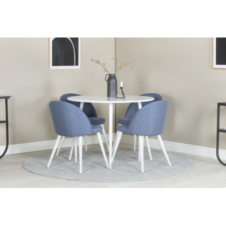 Plaza ümarlaud 100 cm - valge pealispind / valged jalad + sametne söögitupp - valged jalad - sinine kangas