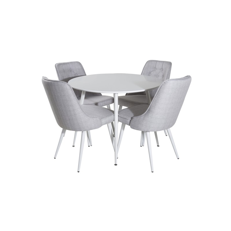 Plaza ümarlaud 100 cm - valge pealispind / valged jalad+velvet Deluxe söögitool - valged jalad - helehall kangas