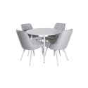 Plaza ümarlaud 100 cm - valge pealispind / valged jalad+velvet Deluxe söögitool - valged jalad - helehall kangas